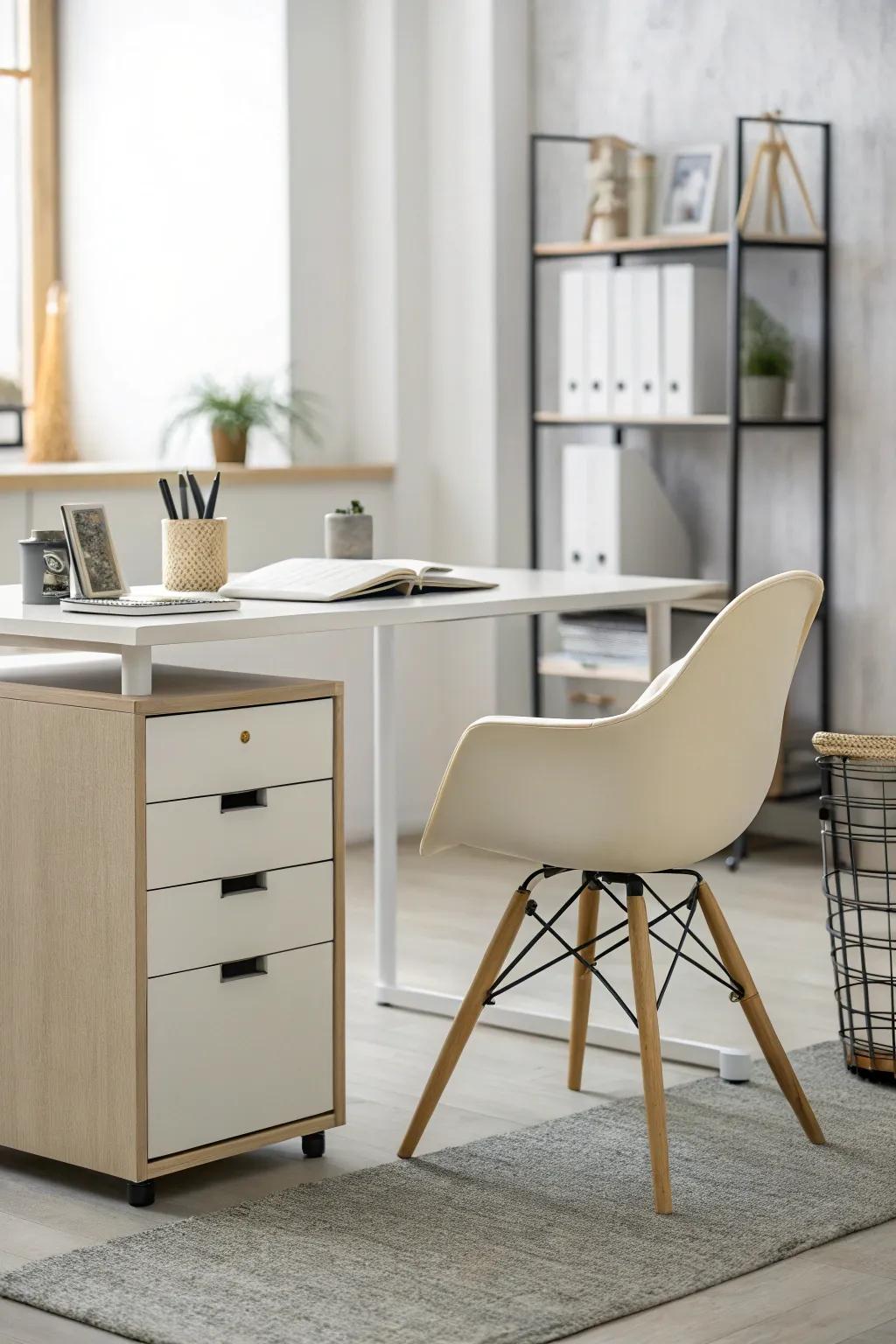 Minimalist office furniture featuring sleek lines and neutral shades.