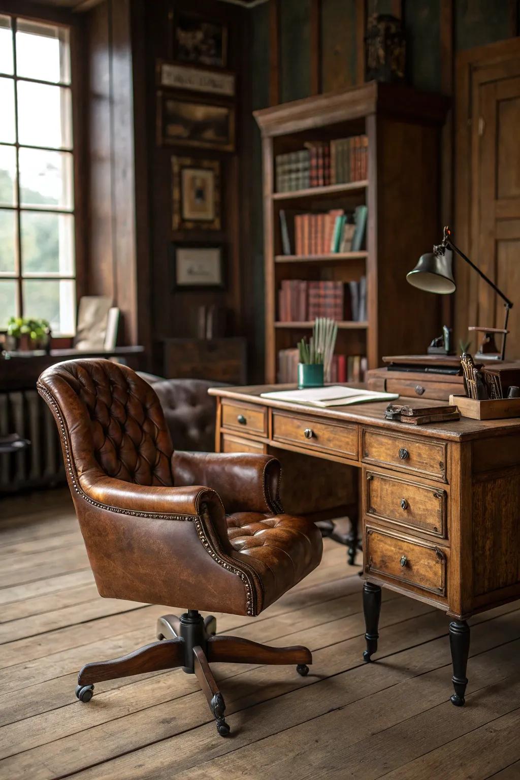 Leather furniture introduces a hint of refinement and comfort to a rustic office.