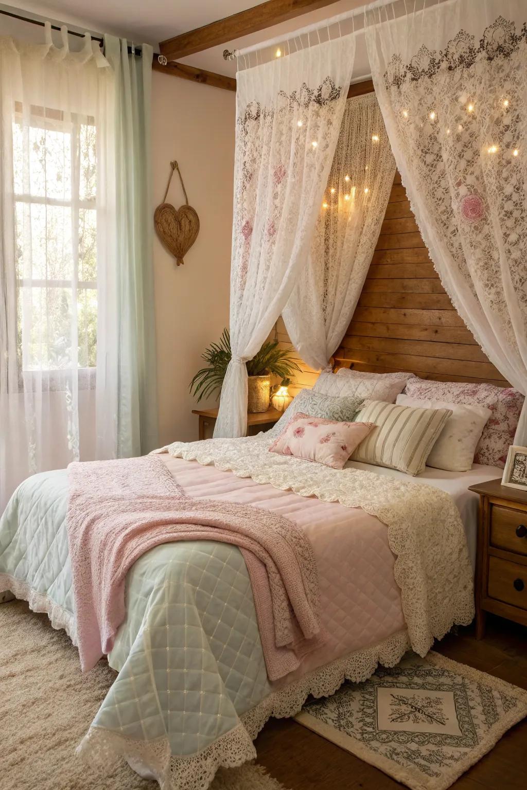 Soft textiles create a cozy and inviting atmosphere in a shabby chic bedroom.
