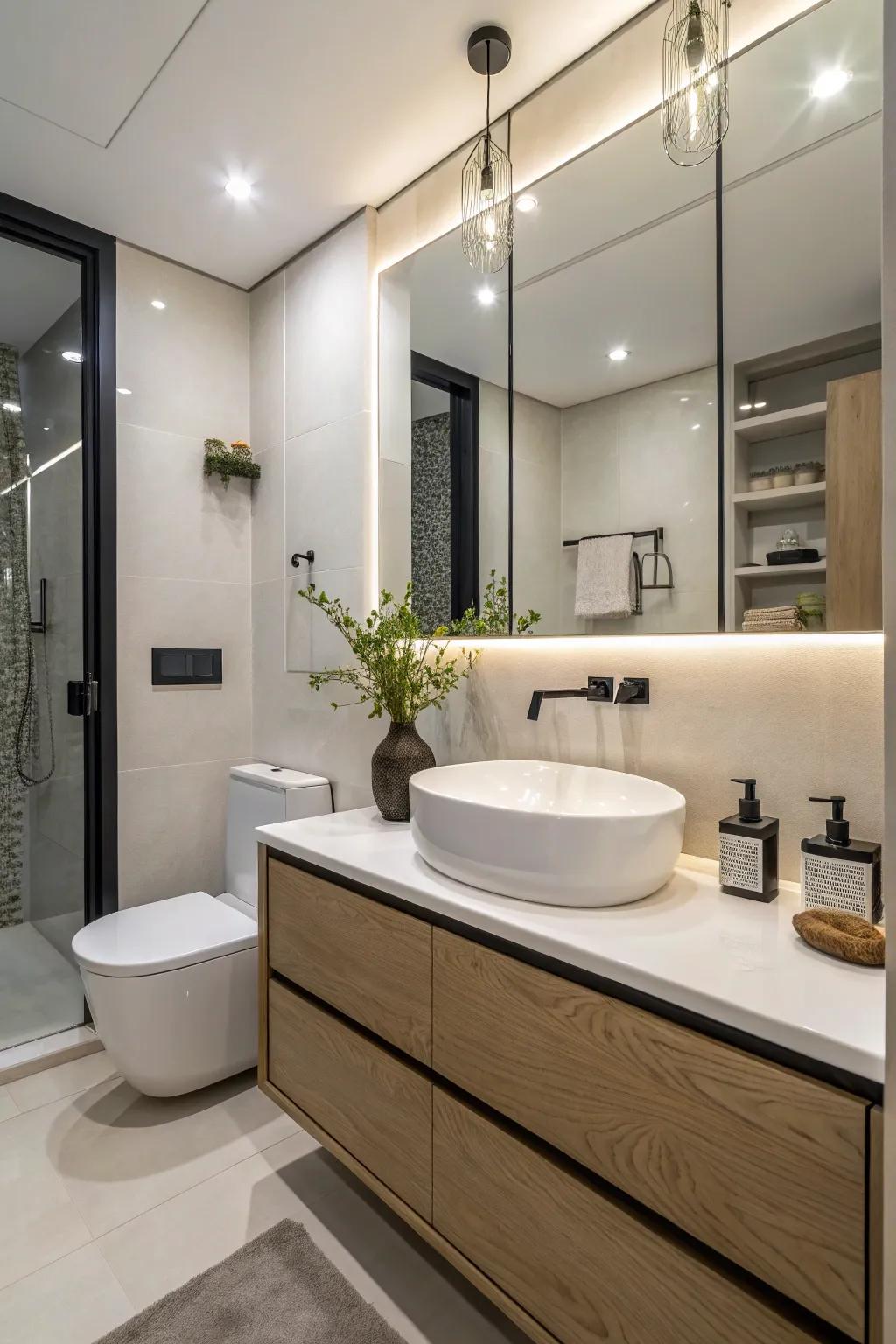 Modern fixtures introduce a contemporary look to this compact bathroom.