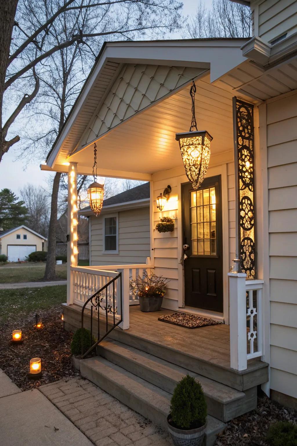A compact front porch illuminated by fashionable decorative light installations.