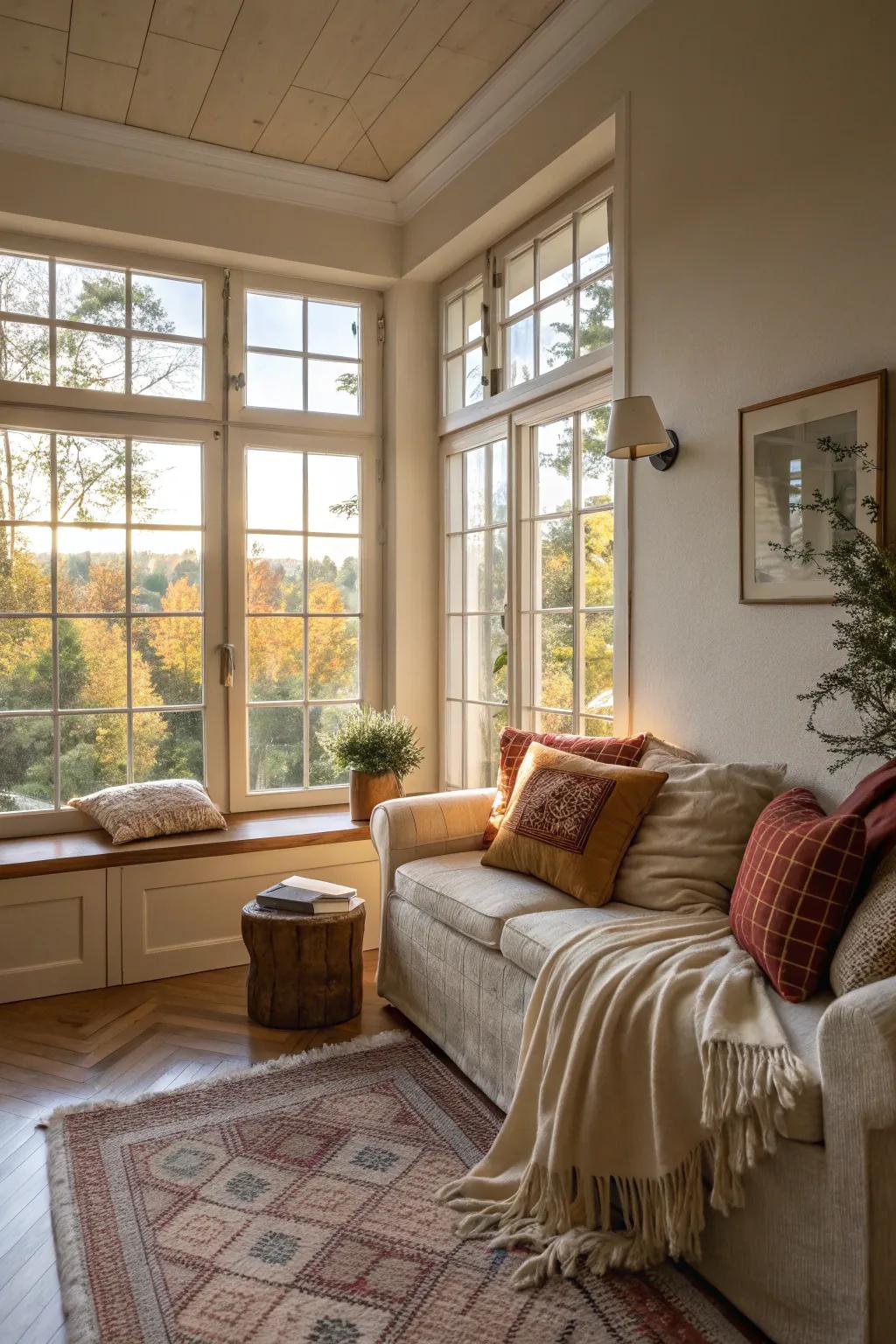 A small living room with expansive windows maximizing sunlight.