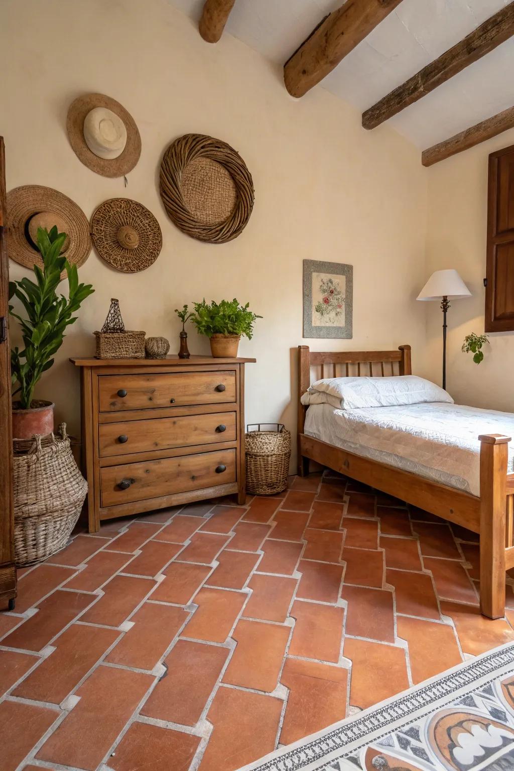 Earth clay tiles imbue a modern Spanish bedroom with warmth and texture.