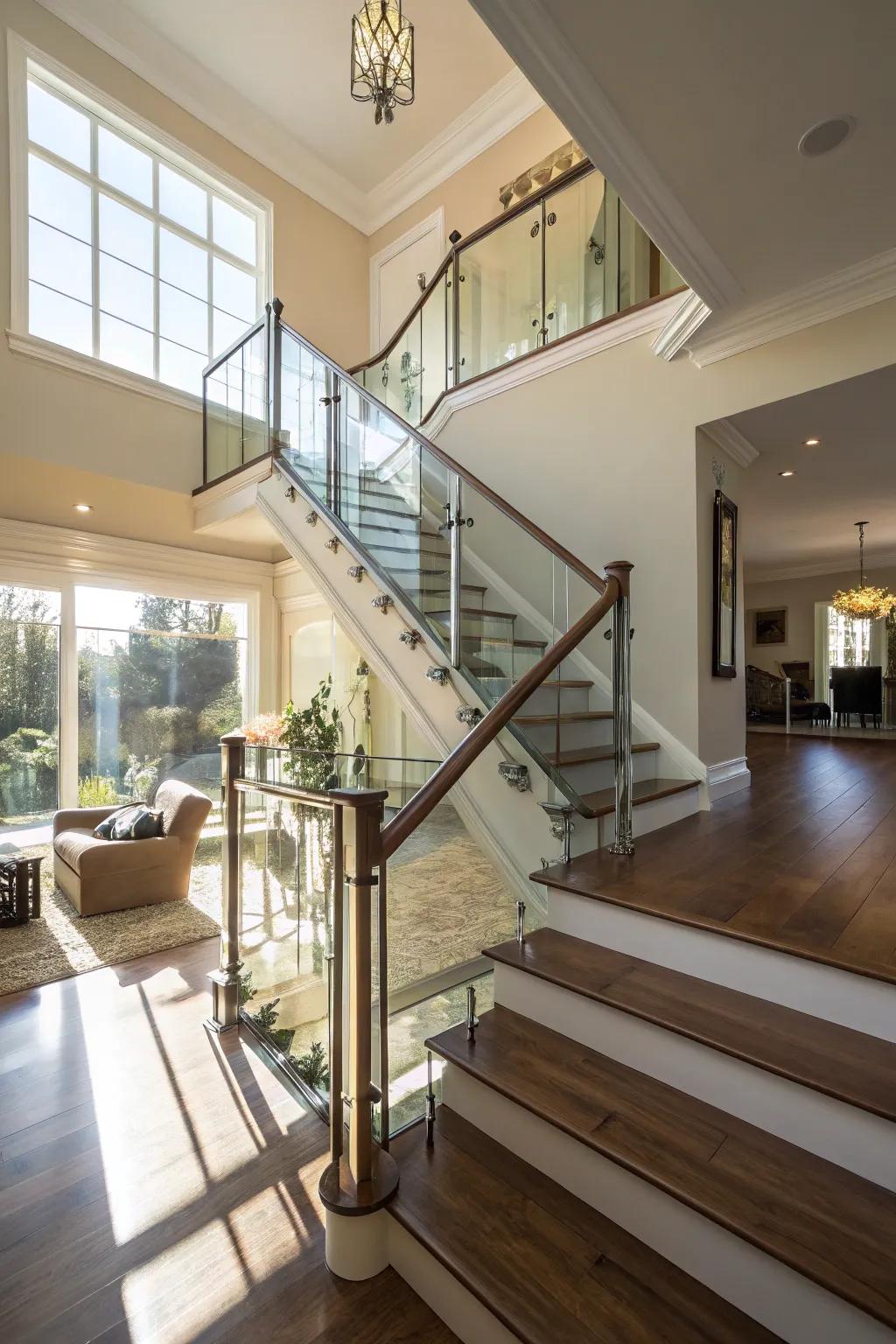 Glass railings enhancing light in a contemporary home.