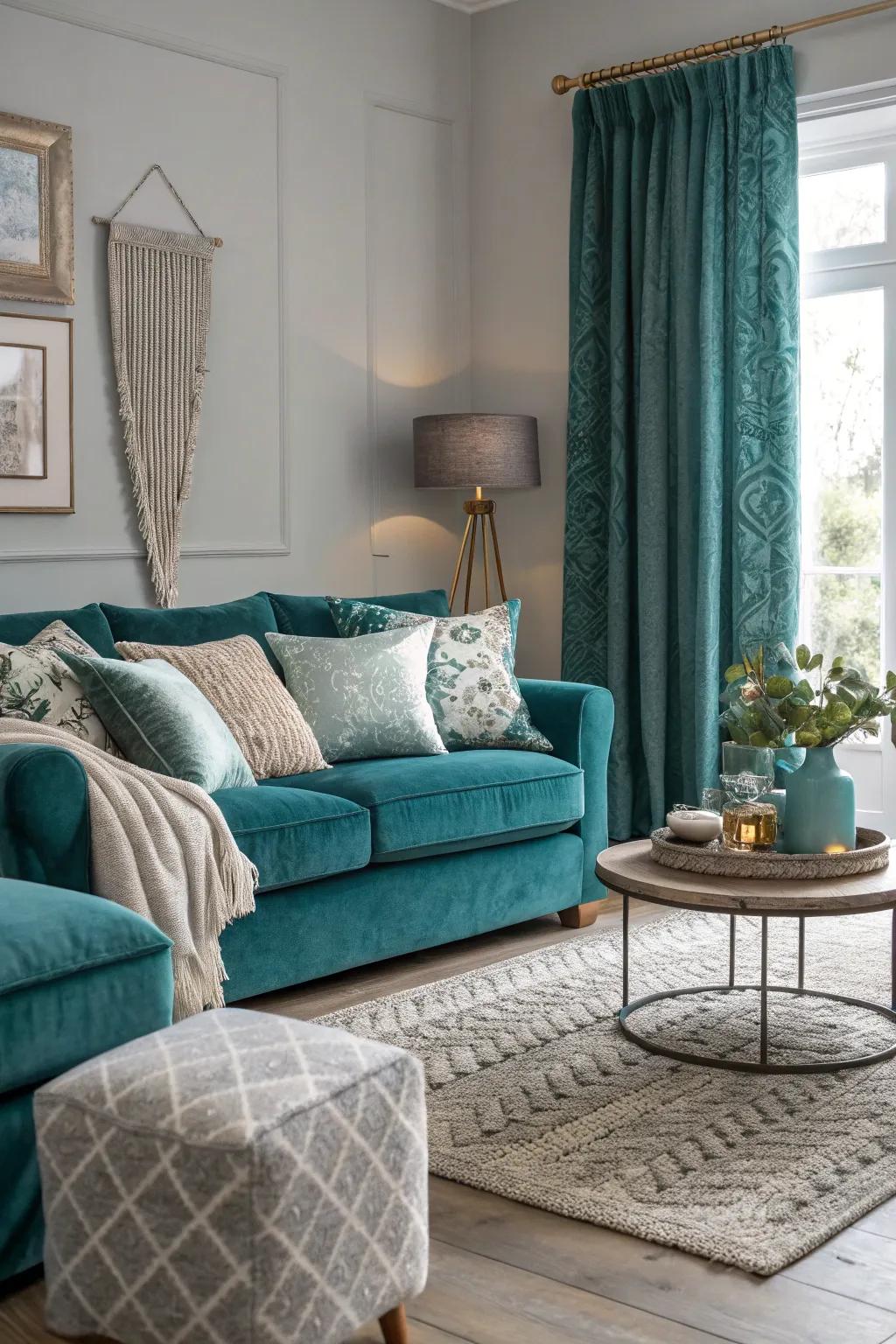 Combining different textures in teal and gray adds warmth and visual interest.