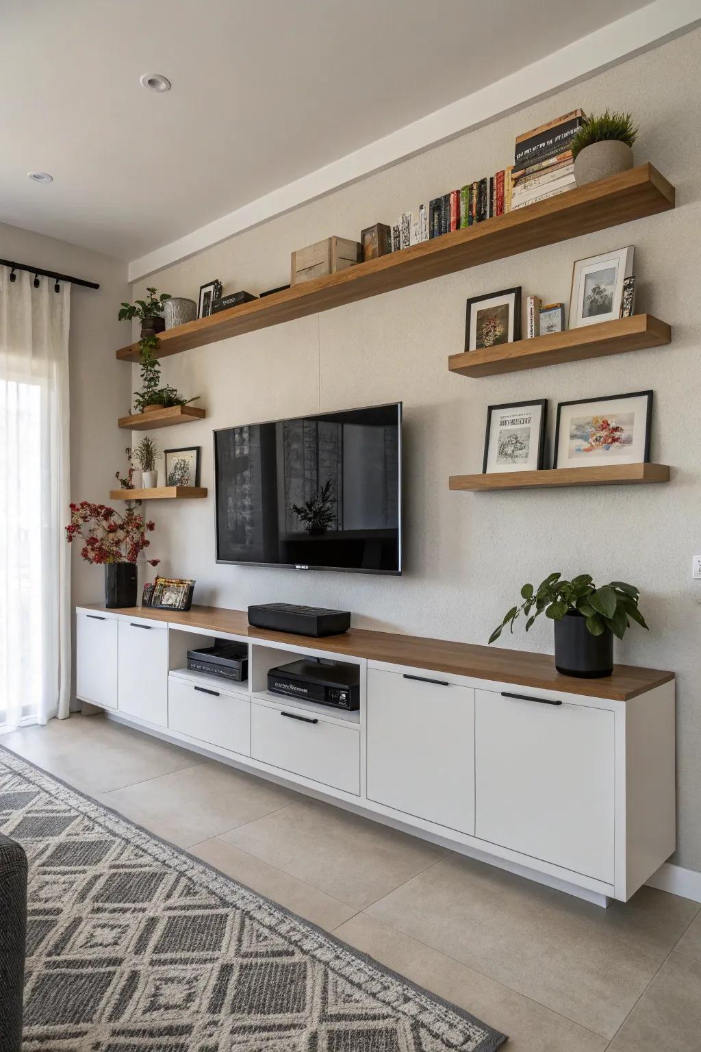 Floating shelves offer both style and storage, keeping clutter at bay.