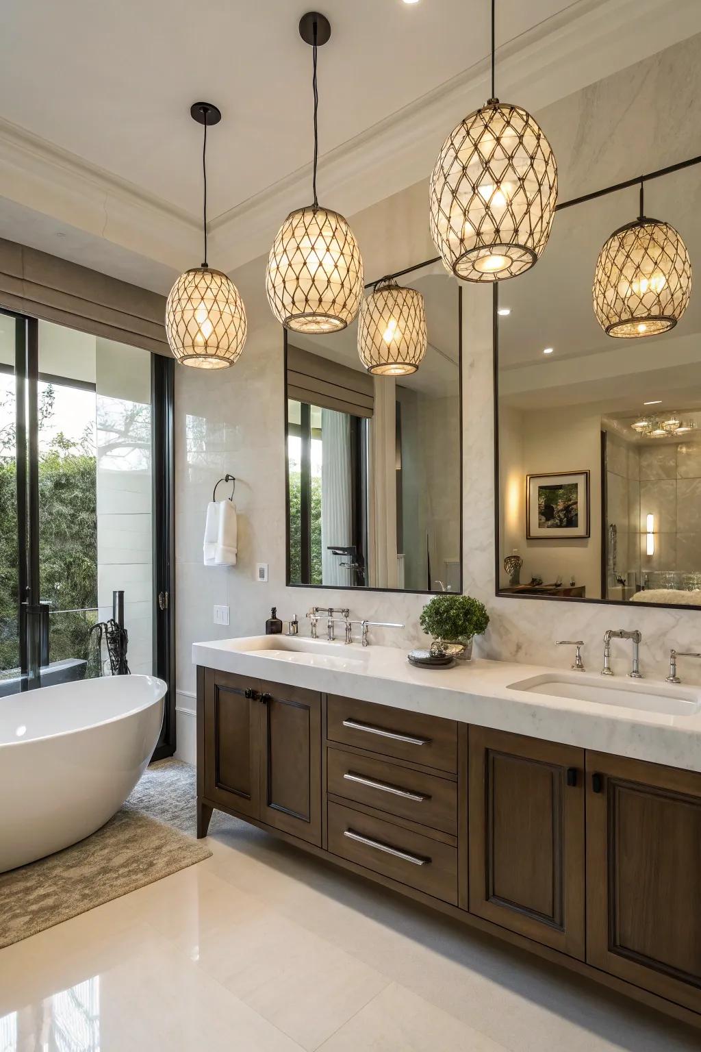 Stylish pendant lights add a touch of elegance to the bathroom.