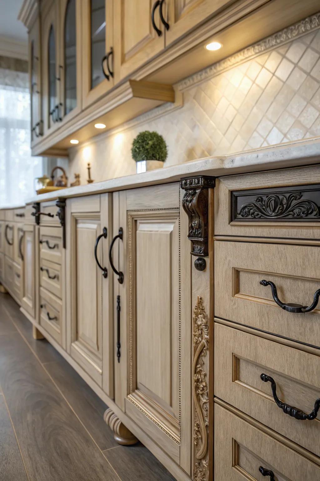 Cabinetry that harmoniously combines vintage elegance with modern sophistication.