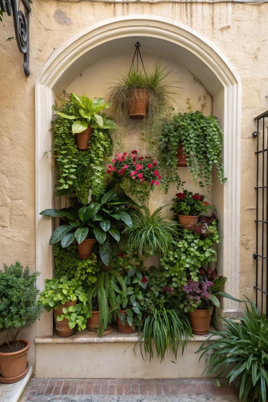 A wall niche looks great with some lush plants, adding a bit of nature.