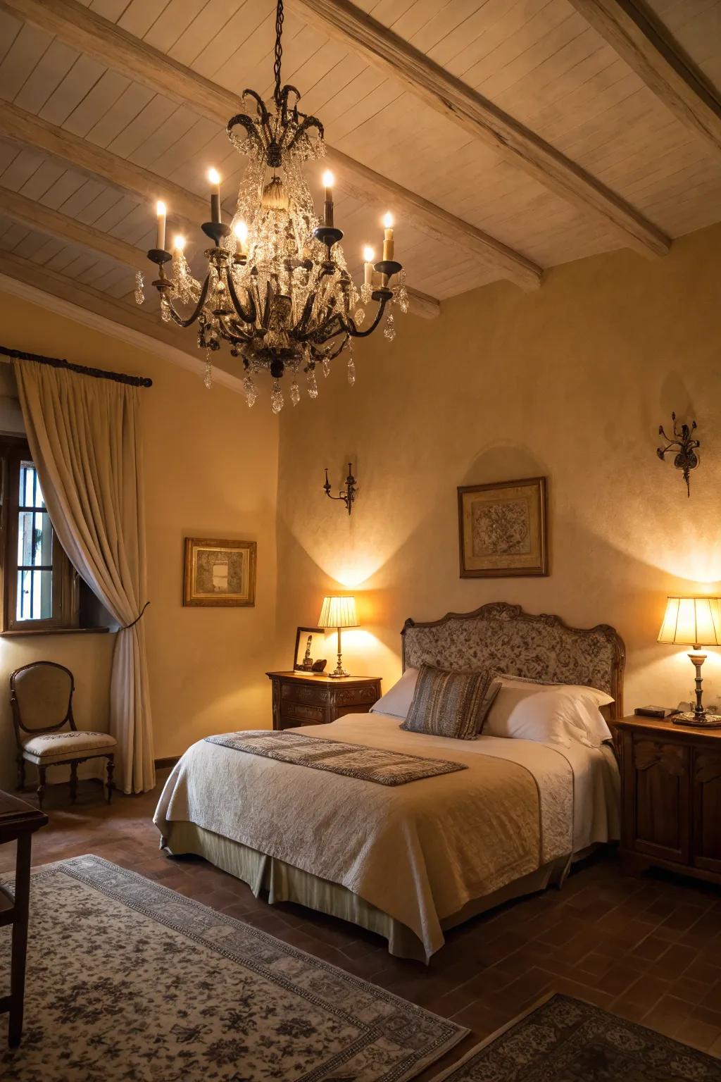 A bedroom lit with warm ambient lamps and a pendant.