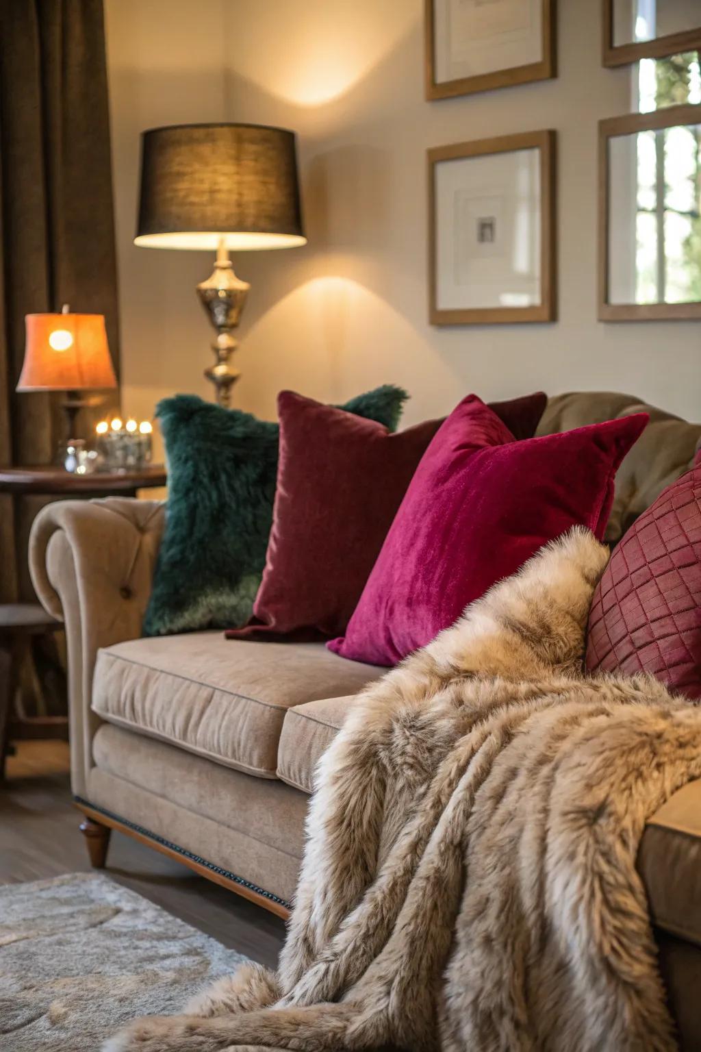Comfortable fabrics like velour and synthetic fur in an atmospheric living space.