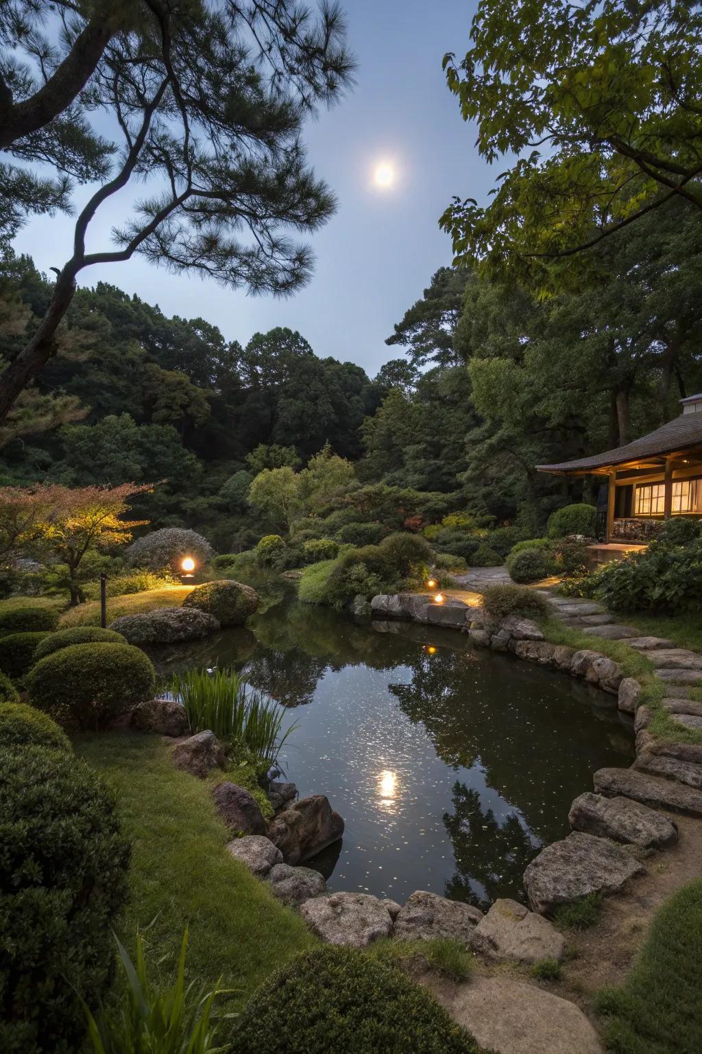 A serene pool reflecting the moon's glow.
