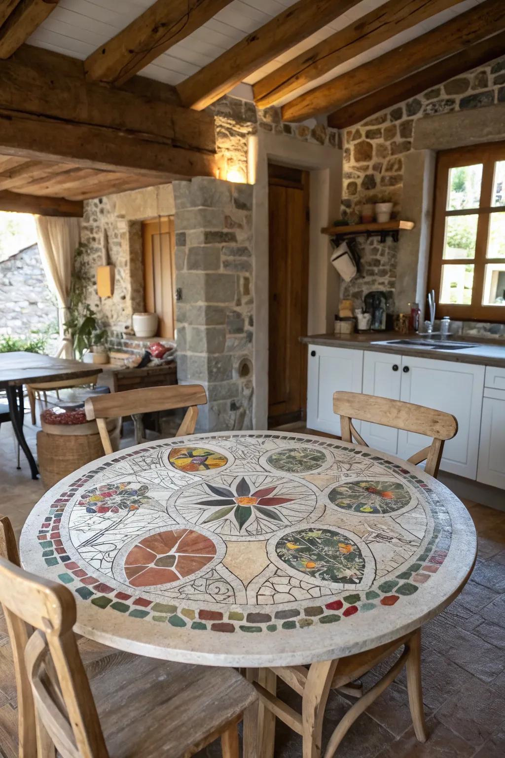 A mosaic table created from repurposed crockery projects a down-to-earth and individualized feel.