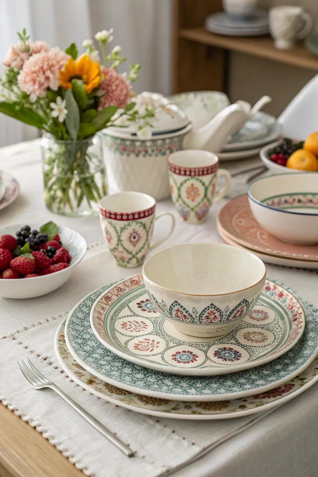 Elegant layered place settings featuring intricate designs.