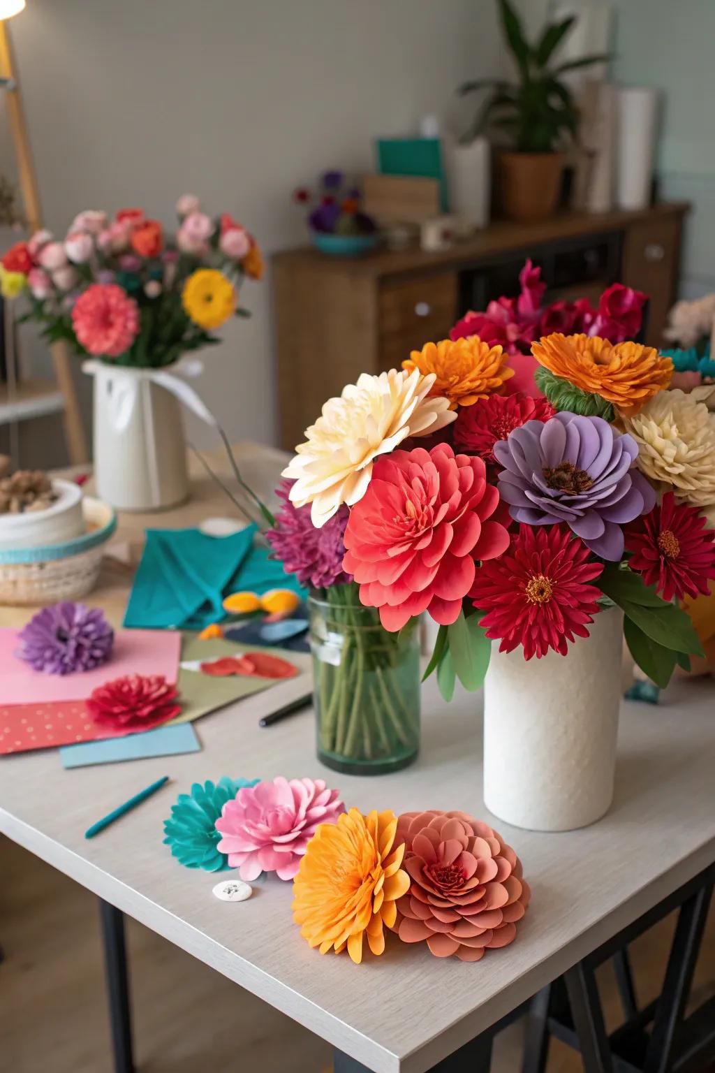 Bright DIY paper flowers making joyful decorations.