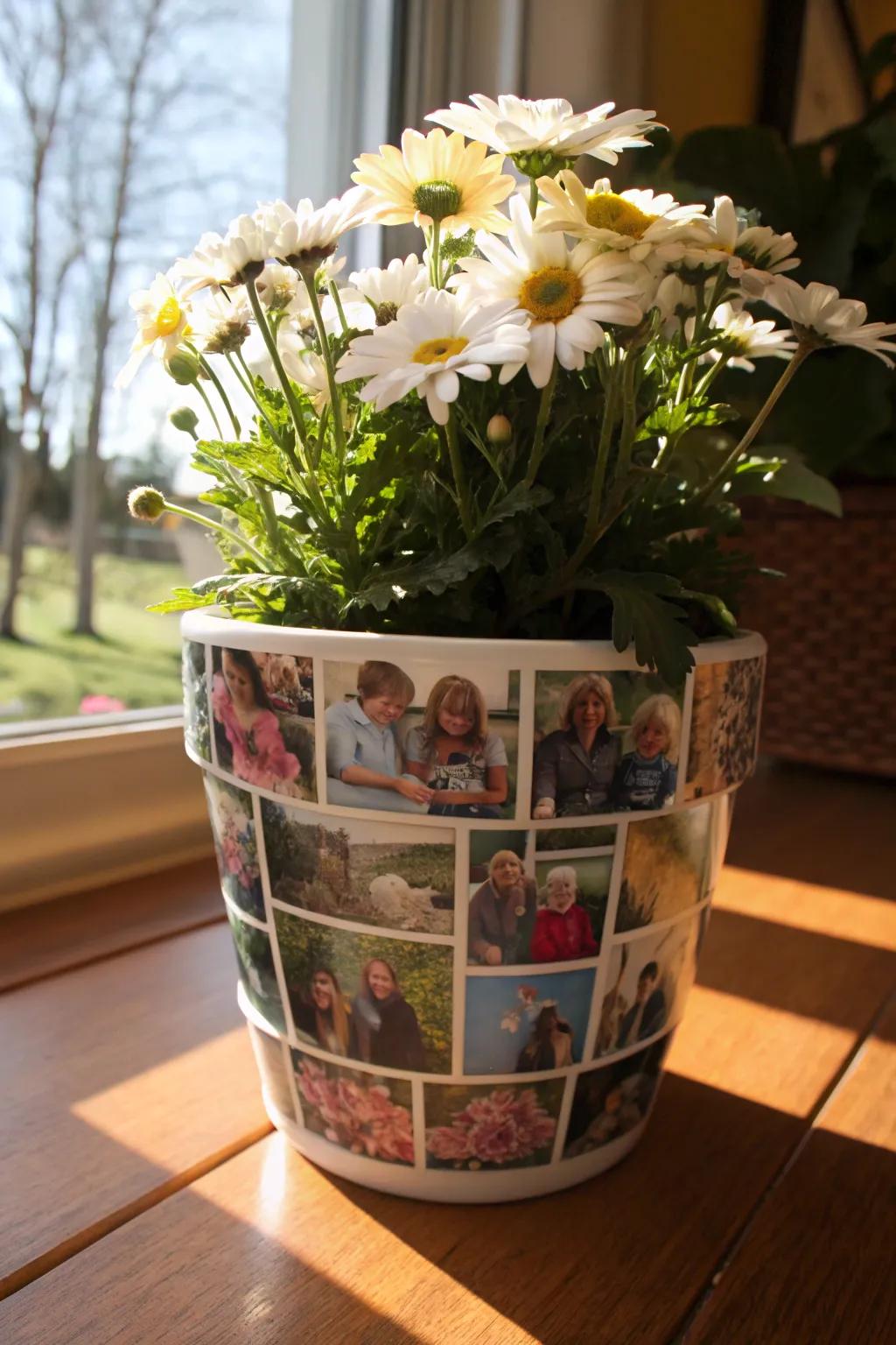 A flower pot showcasing cherished family photographs.