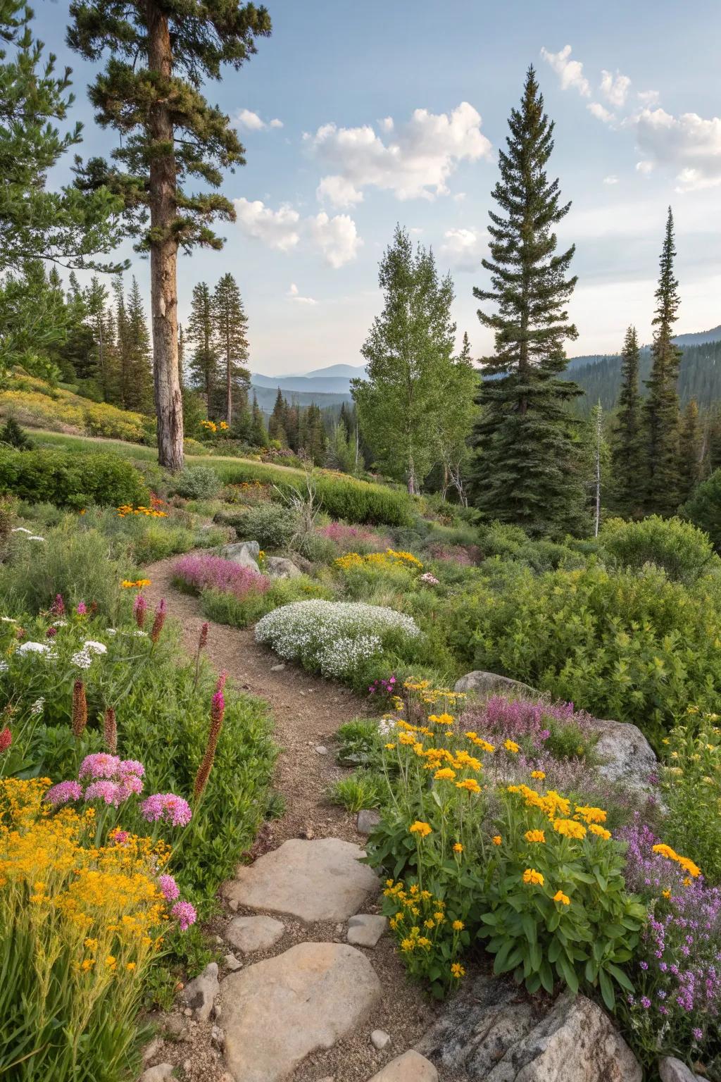 A lively garden filled with local plants thriving in a mountain environment.