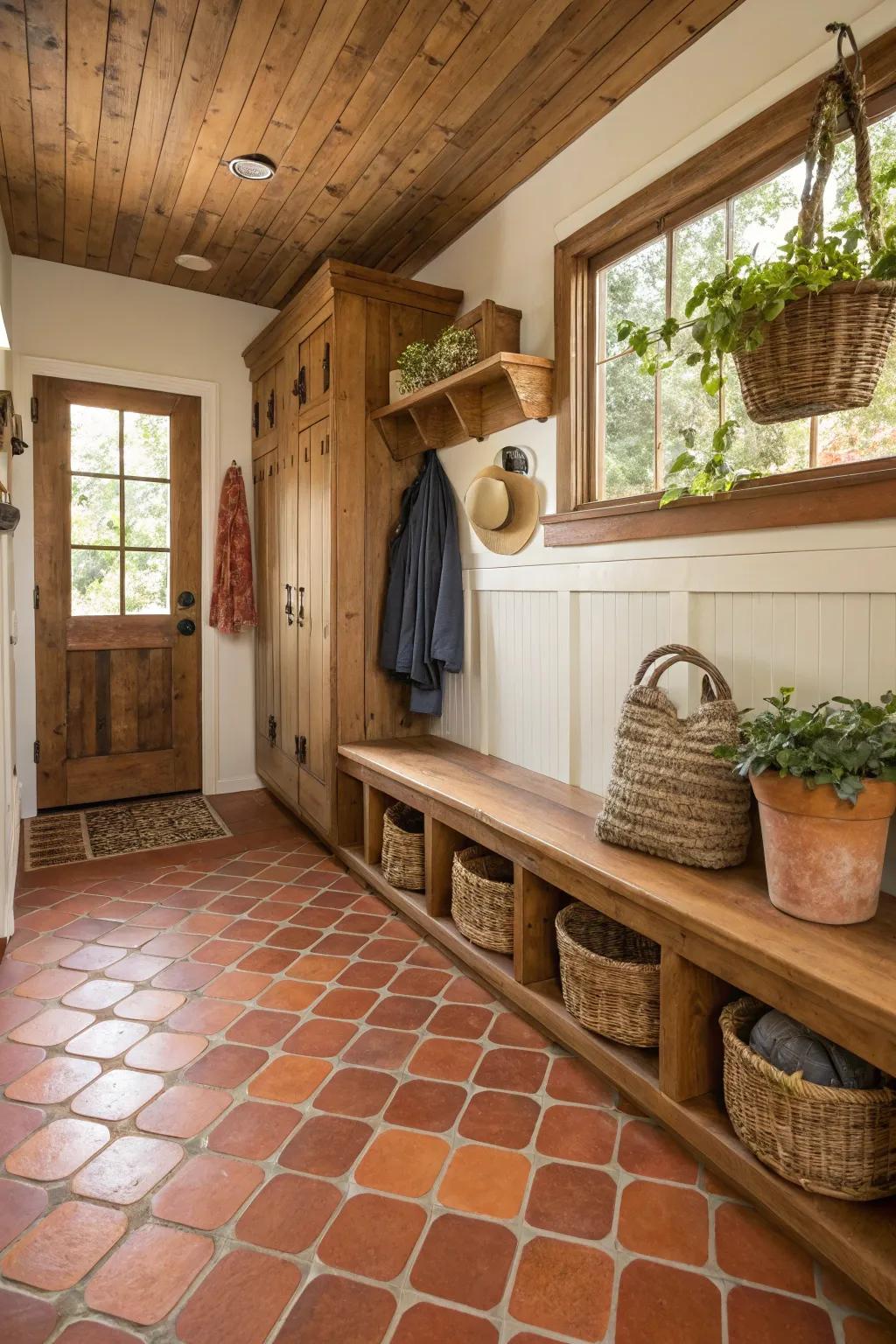 Warm earthenware tiles in an inviting mudroom