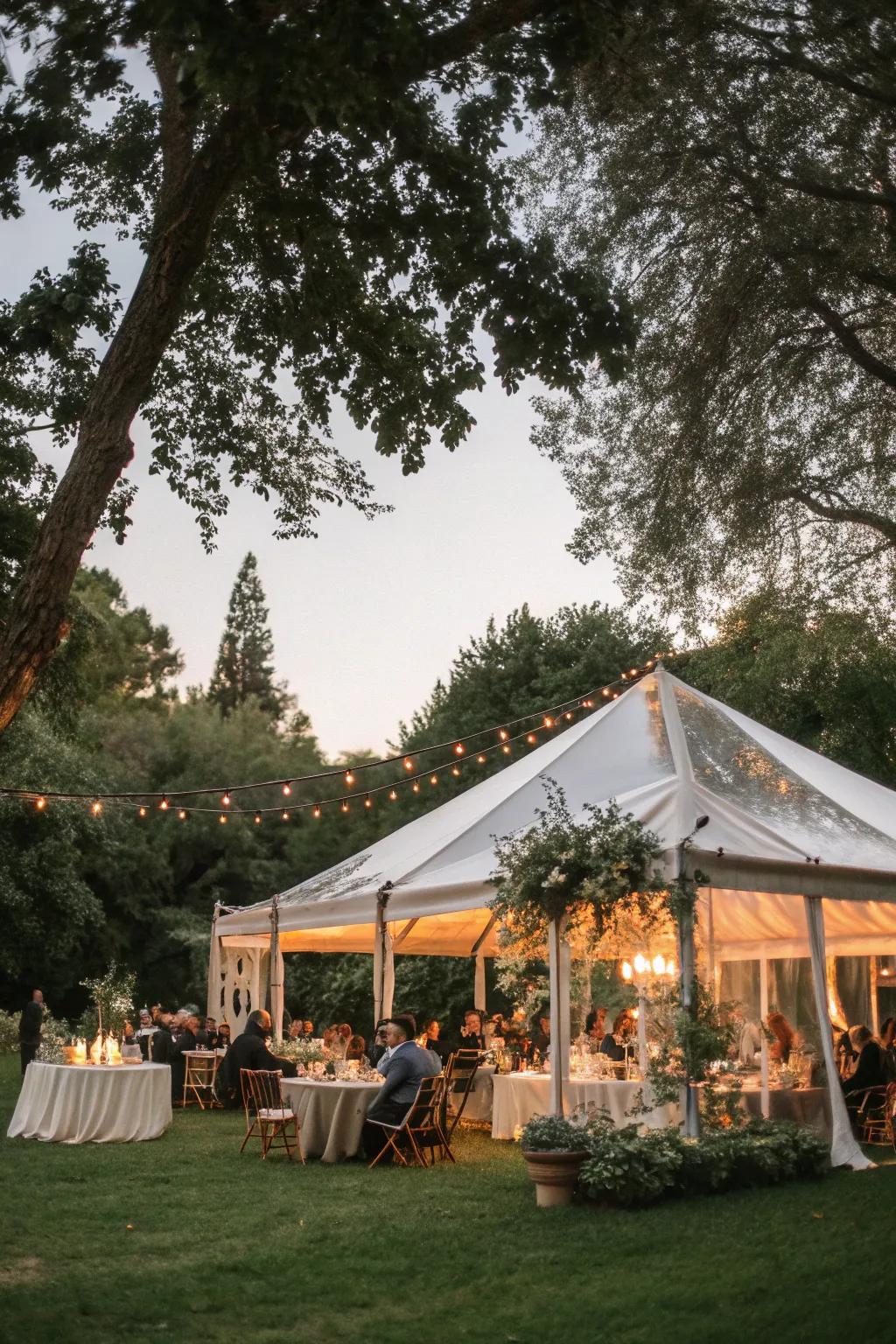 An outdoor wedding reception with a tent creates a charming setting.