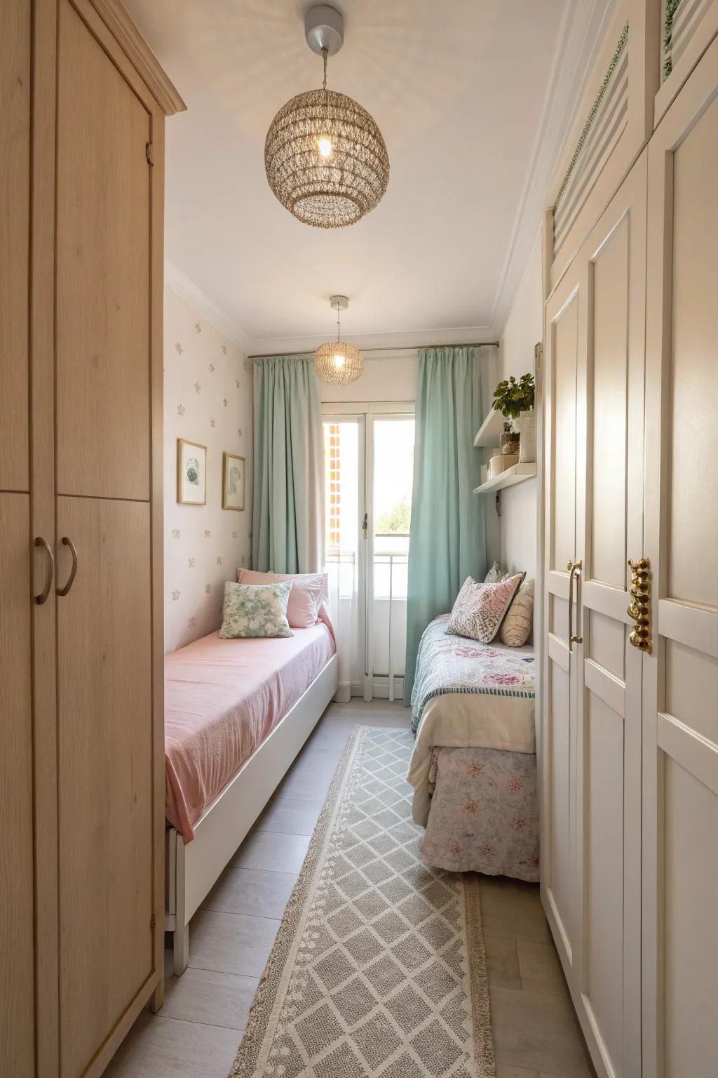 Light shades constructing a spacious, breathable atmosphere within a confined bedroom.