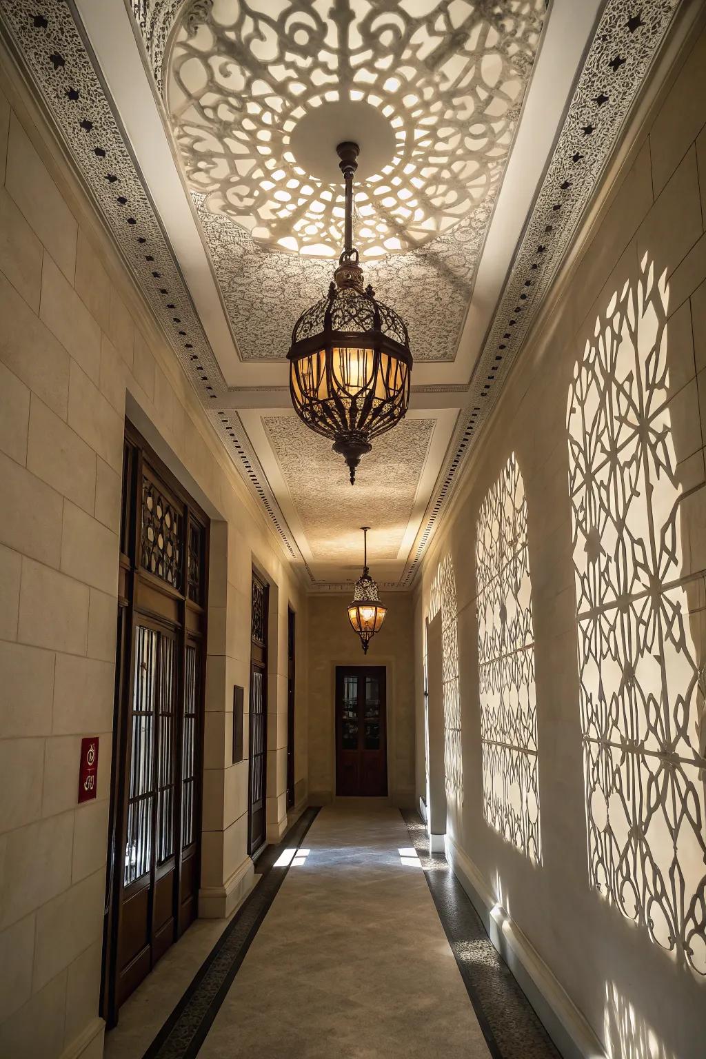 Suspended lights instill persona and intensity into slender hallways boasting elevated ceilings.