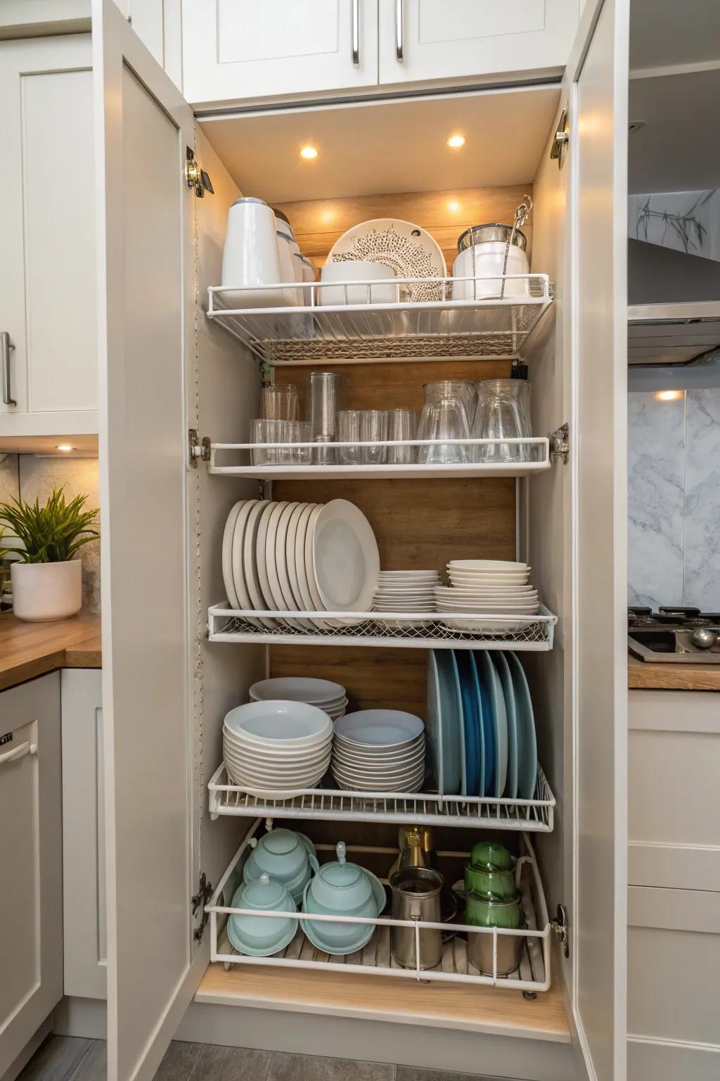 A slim cabinet featuring custom shelves that hold several layers of kitchenware.