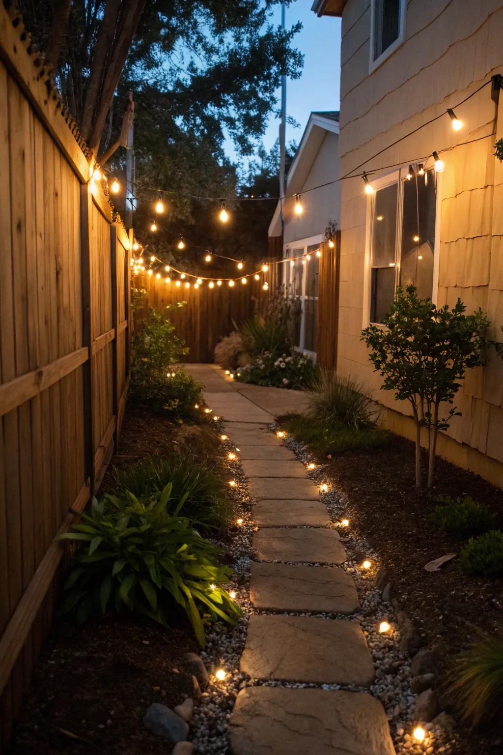 Gentle lighting turns a side yard into a nighttime sanctuary.