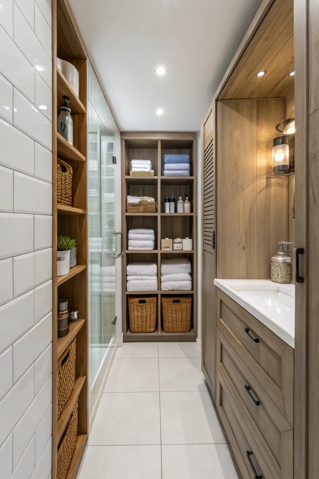 Vertical storage is a game changer in small bathrooms.
