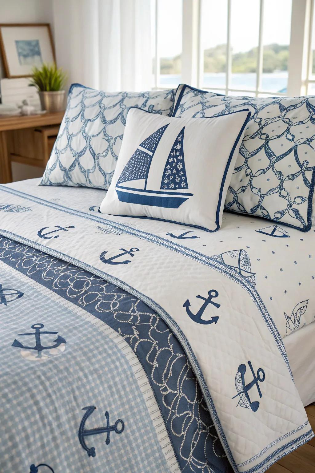 Nautical bedding brings a sense of the sea to your restful space.