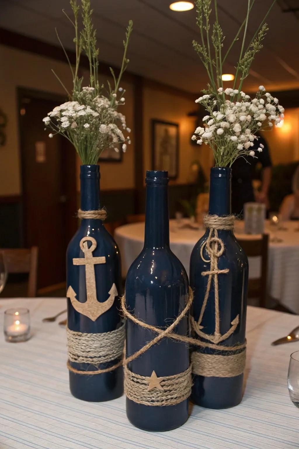 Reused bottles make stylish nautical decor.