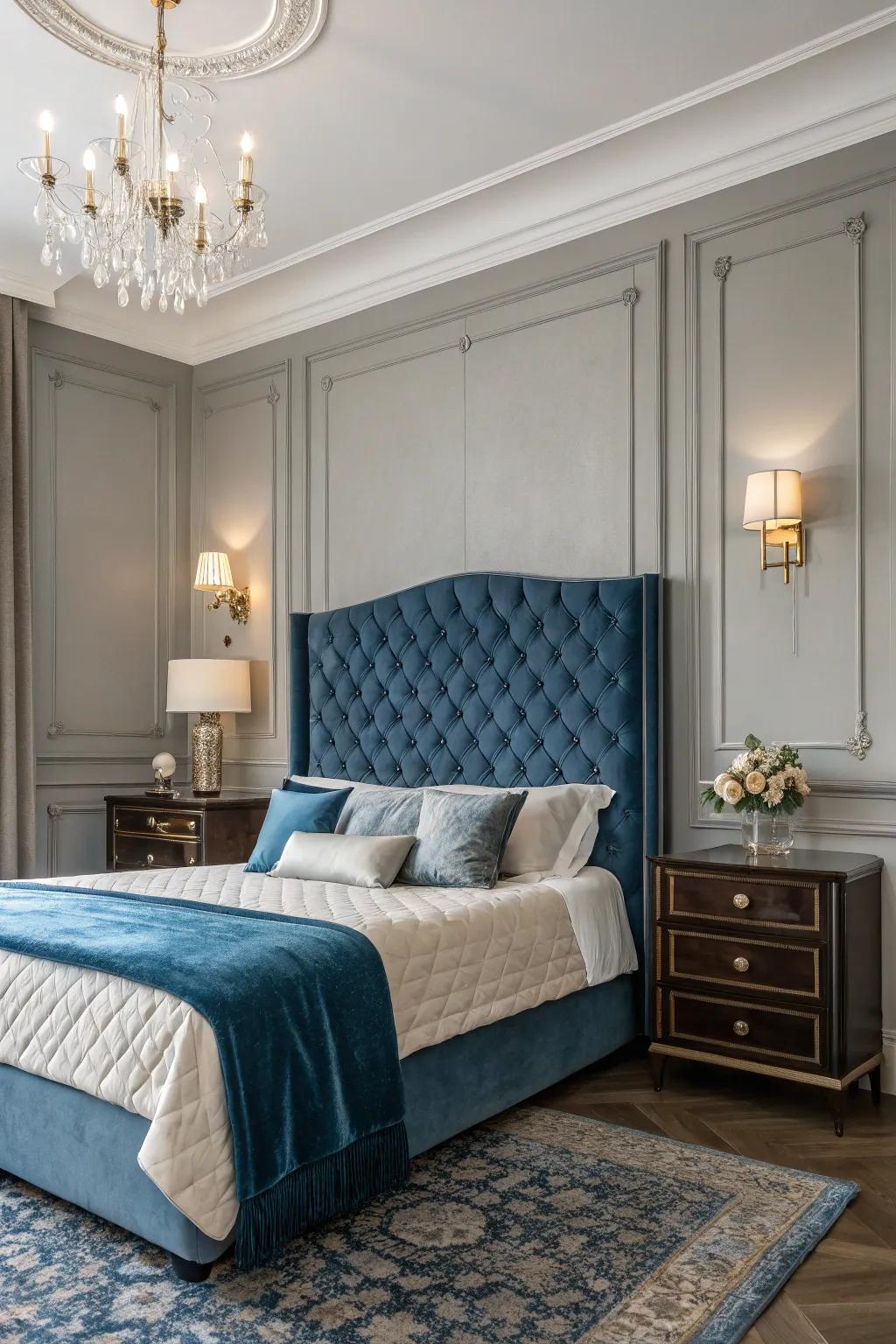 The blue velvet headboard introduces luxury and sophistication to any space.