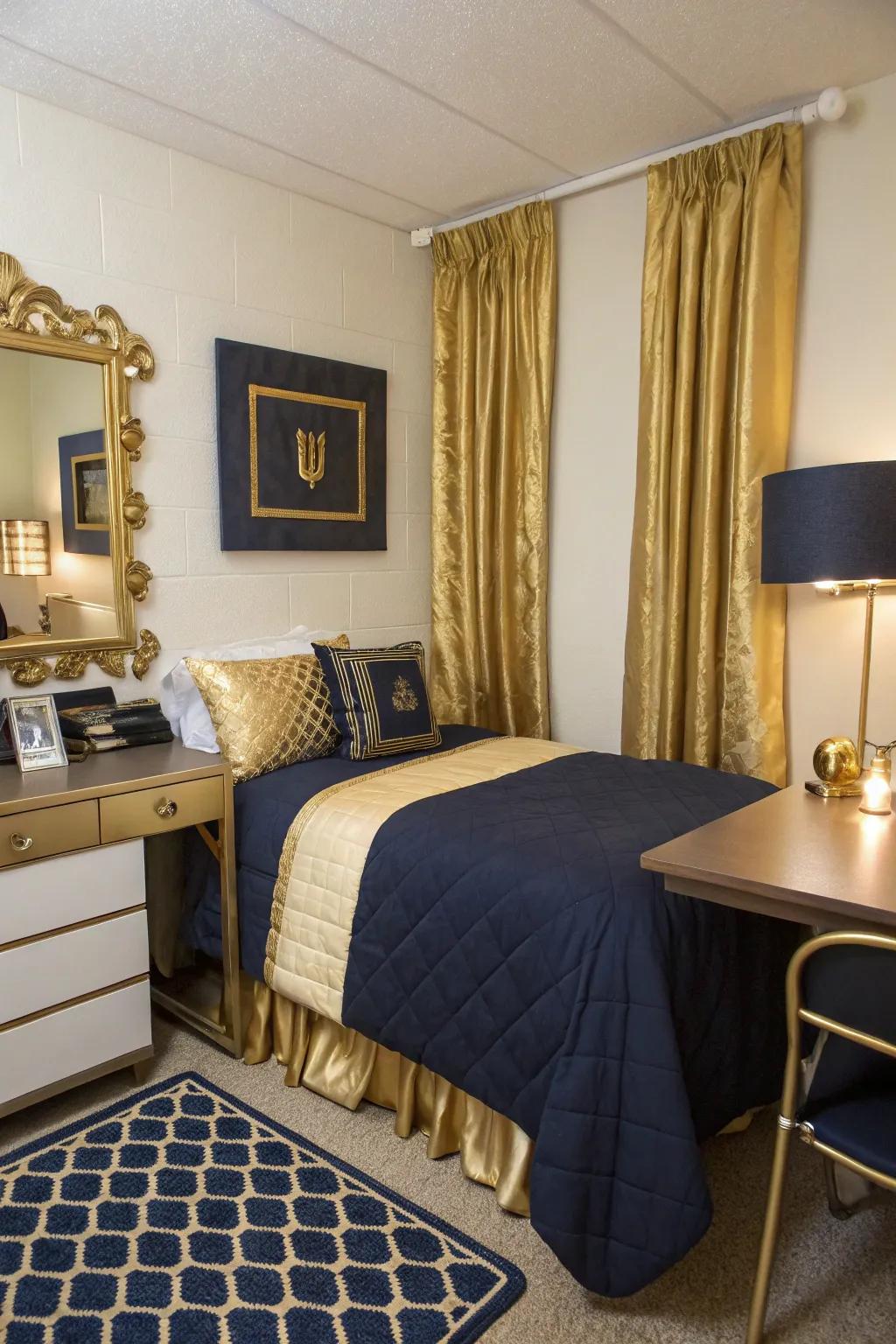 Gold accents enhance the rich colors of navy blue beautifully.