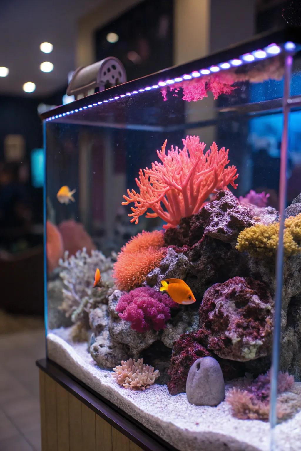 Fluorescent decorative pieces add depth and vibrancy to this aquarium.