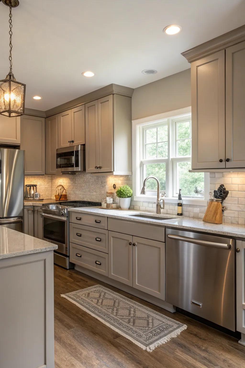 Greige offers a balance of warmth and coolness in an elegant kitchen environment.