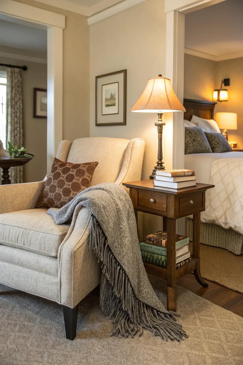 A reading corner presents a delightful escape within your bedroom.