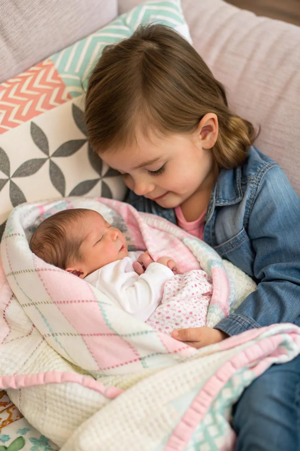 A sweet moment of siblings cuddling.