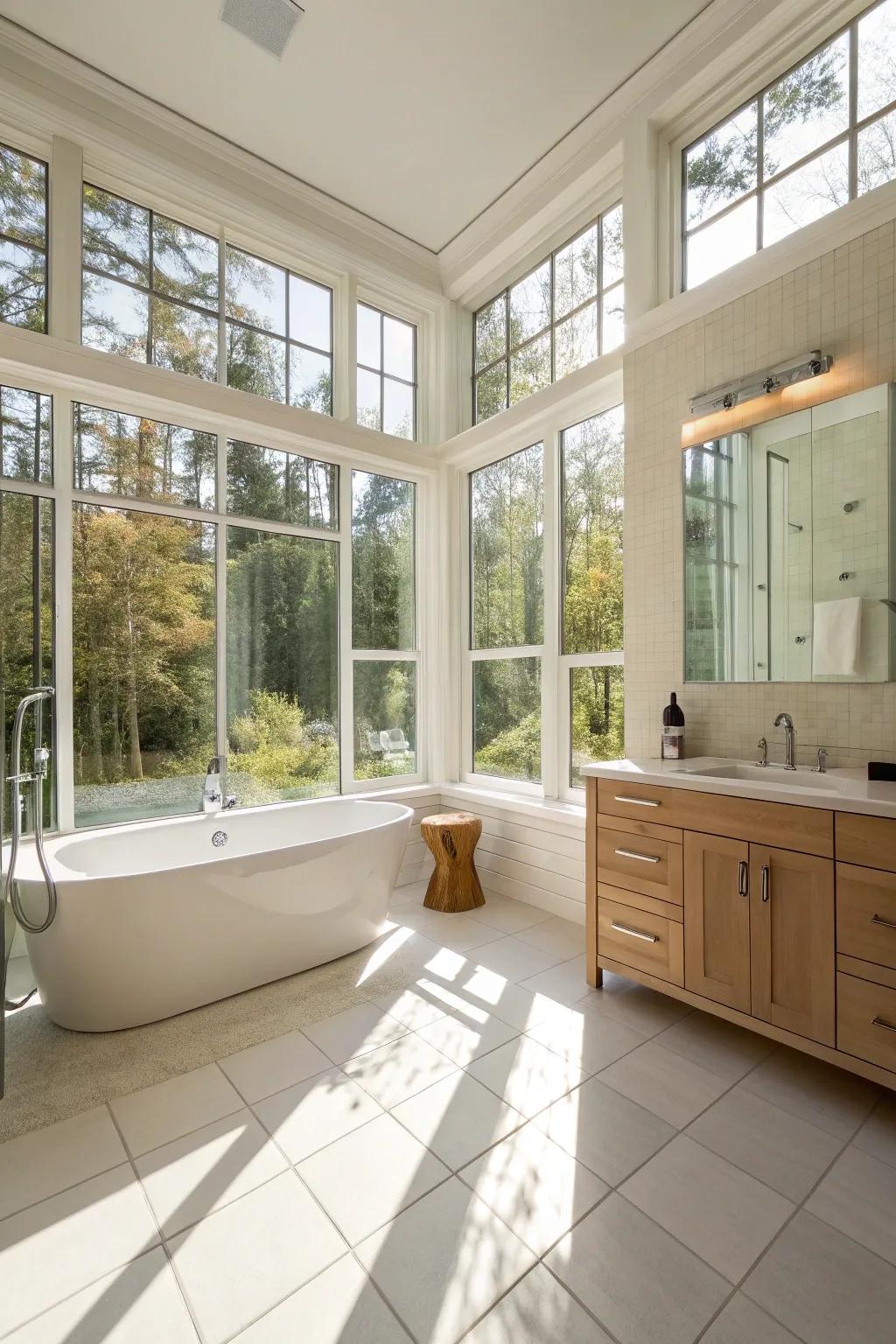 A bright bathroom illuminated by sunlight through large windows.