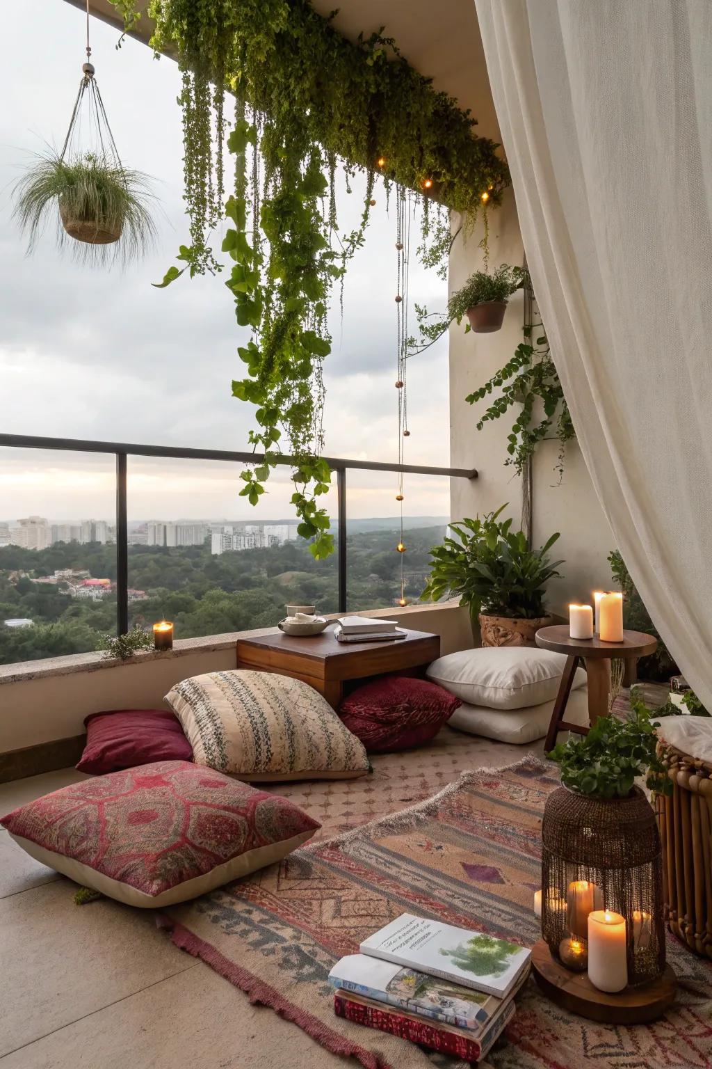 Design a serene outdoor nook on your balcony with bohemian charm and foliage.