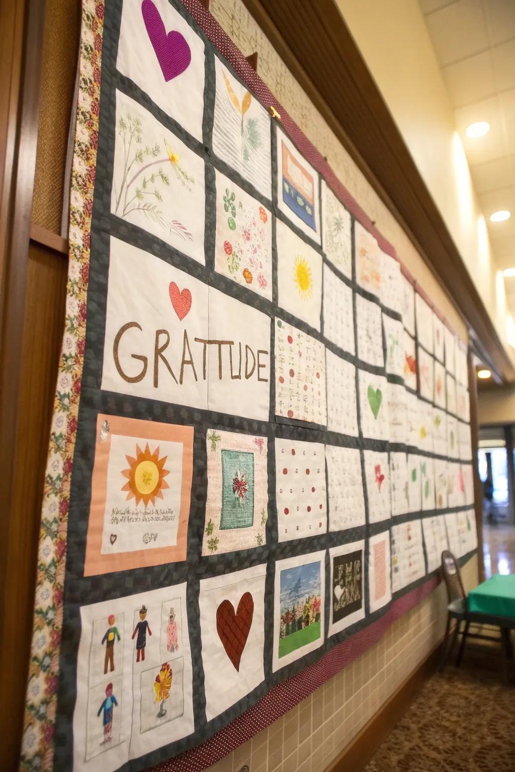 A patchwork-themed bulletin board celebrating gratitude.