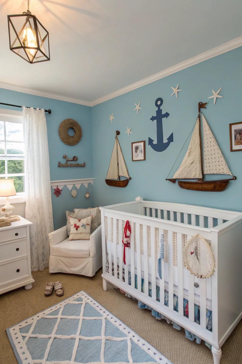A coastal-inspired nursery with peaceful cerulean tones.