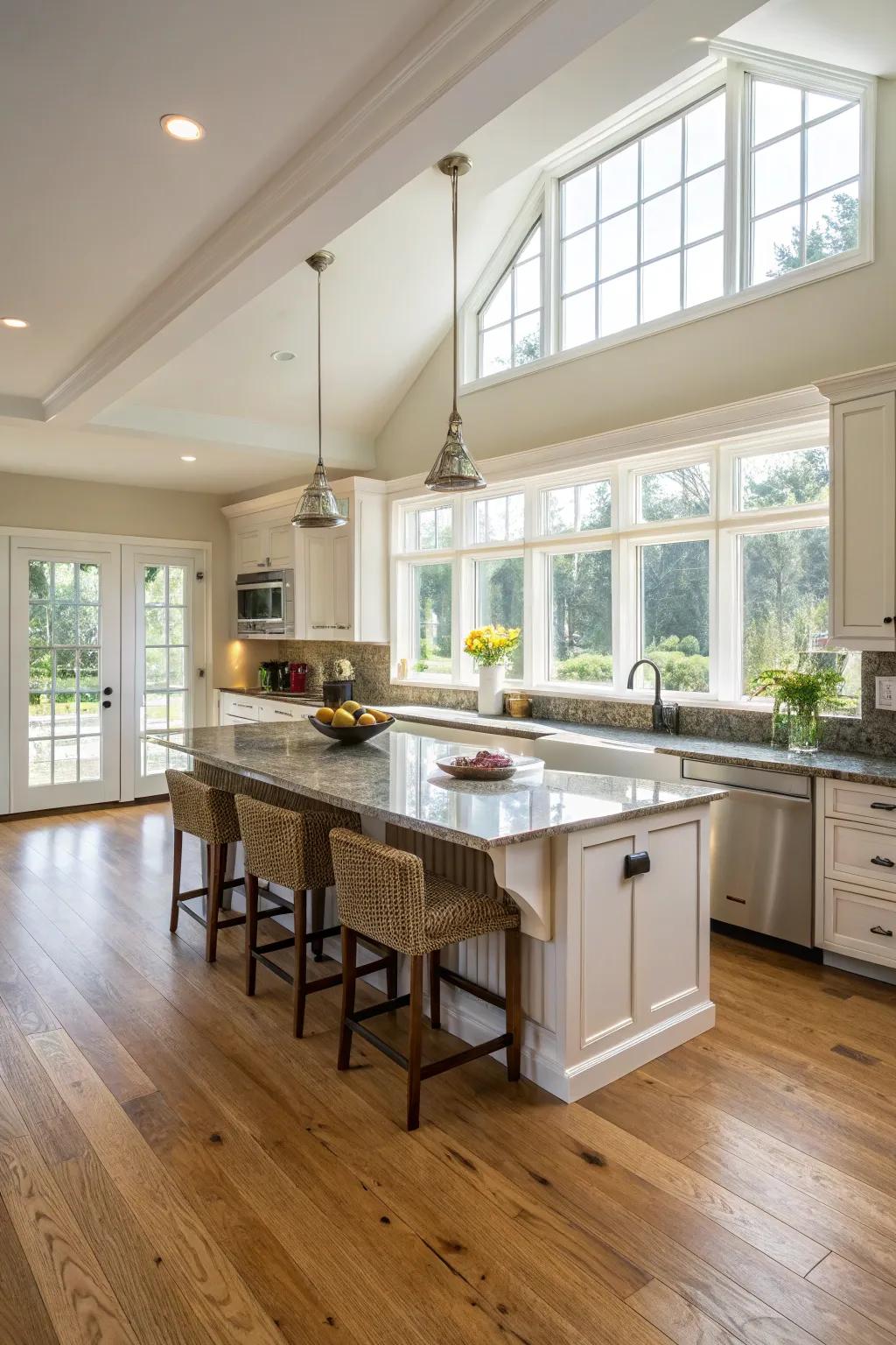 Open kitchen design accentuating elegant oak floors.