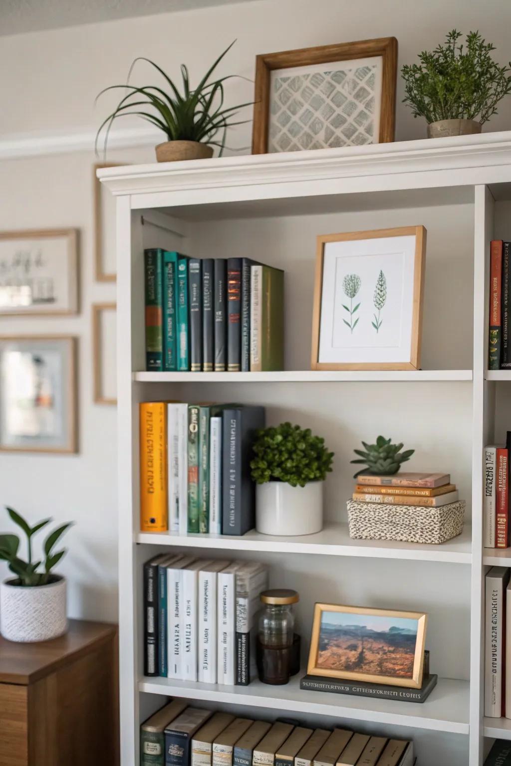 Decorative accents add personality to office bookshelves.
