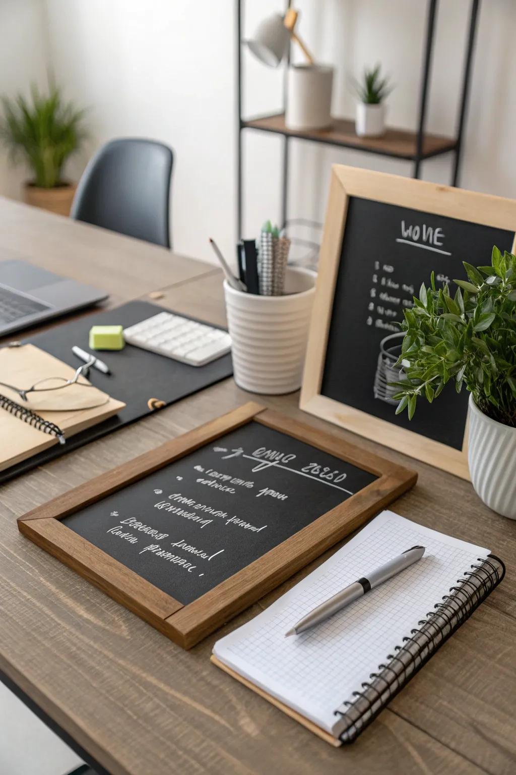 Notes become decor on a chalkboard desk.