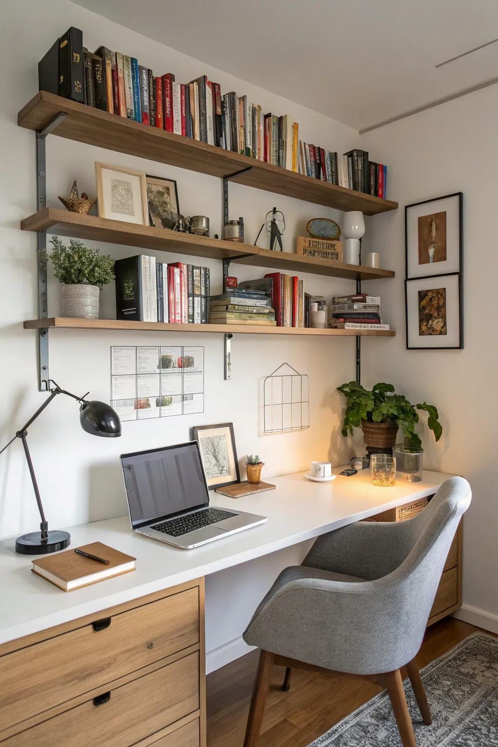 Practical shelving introduces storage and design.