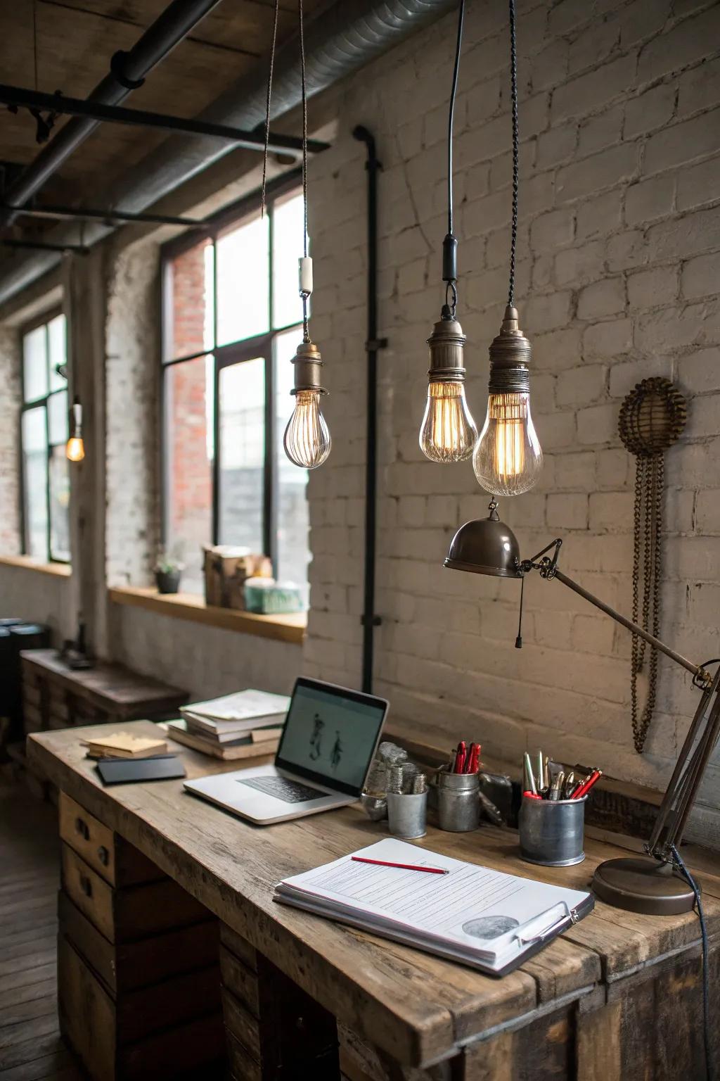 Craft an urban edge look with metal pendant lights and visible bulbs.