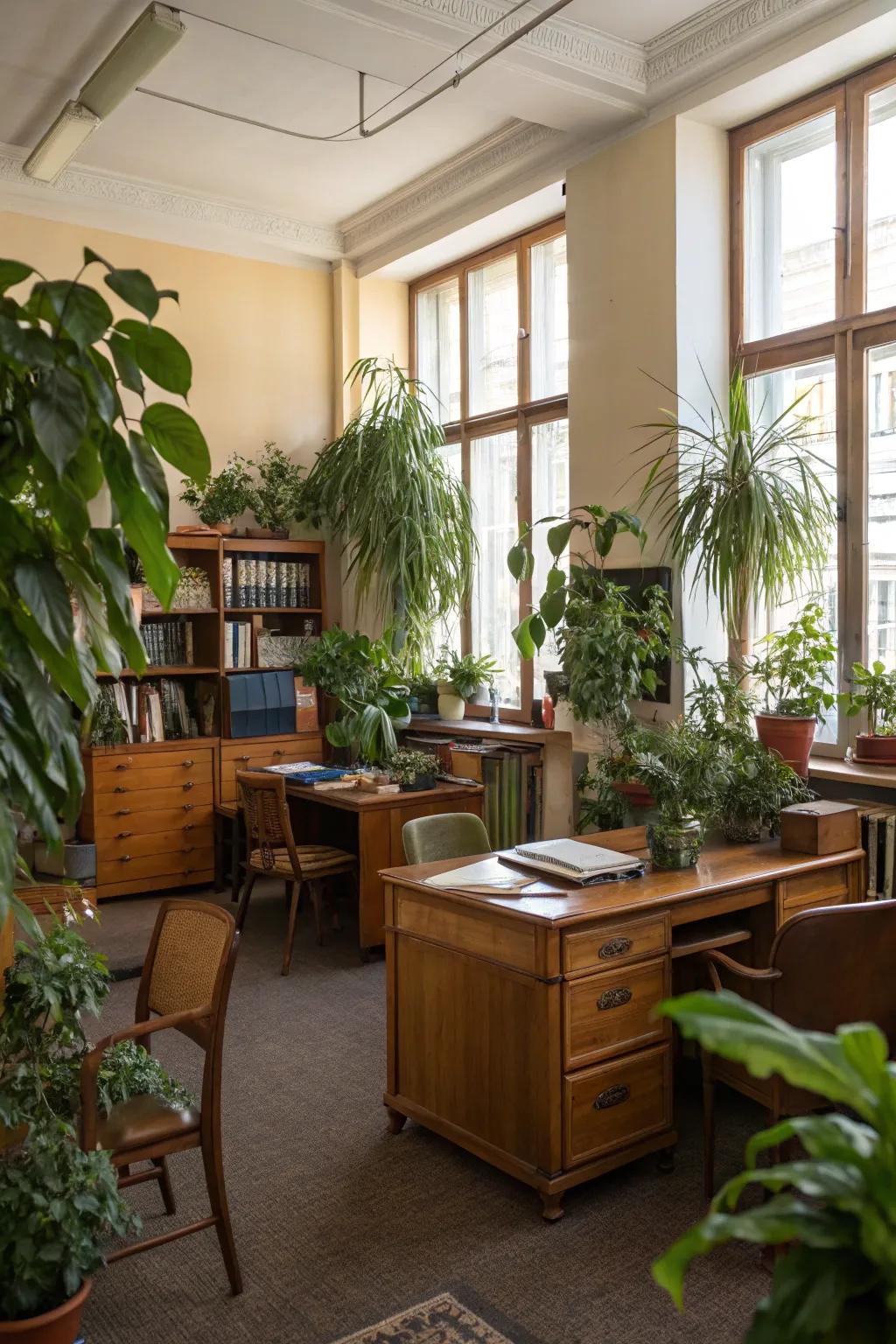 Greenery brings a sense of vitality and serenity to the workspace.
