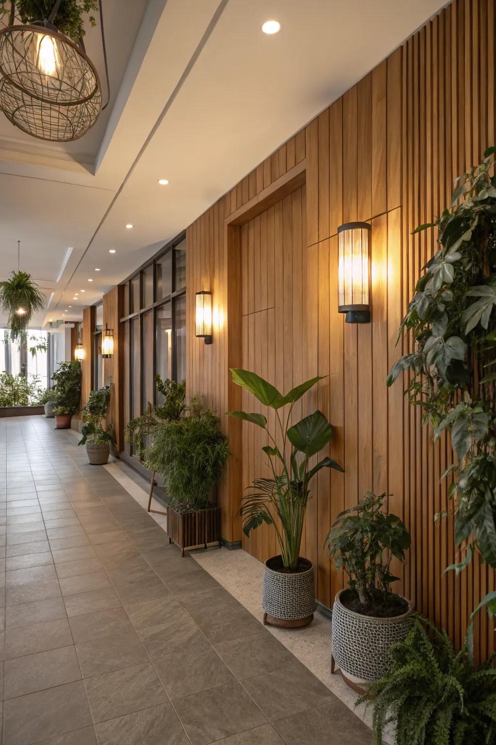 Wooden lights bringing natural charm to the workspace.