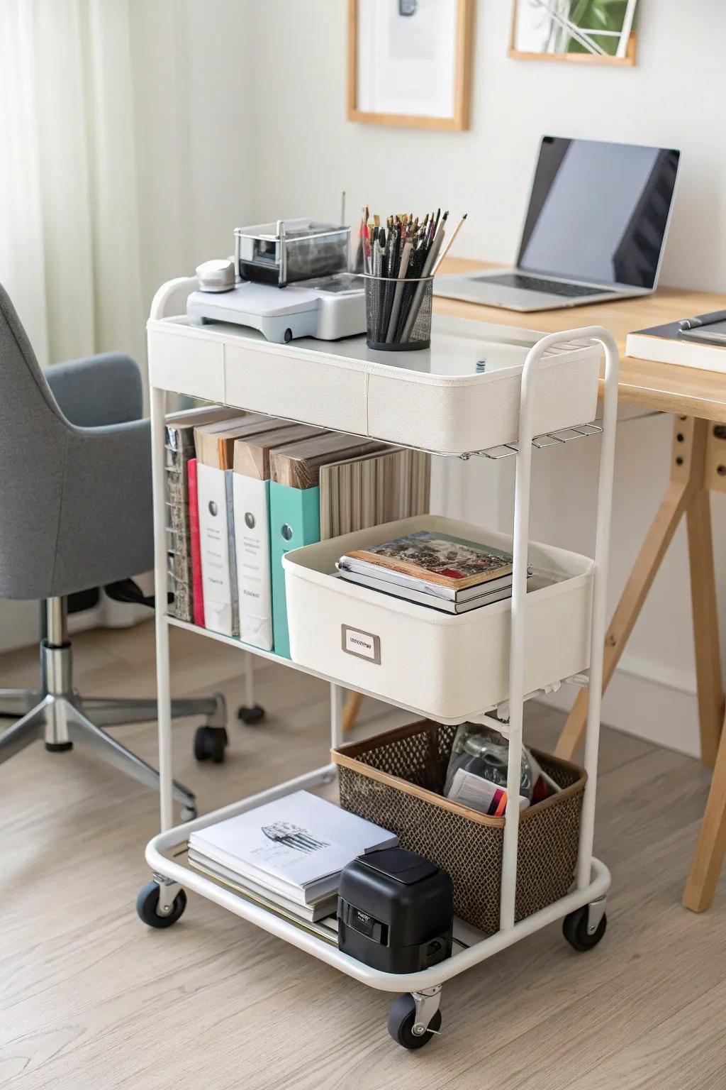 A flexible mobile cart brings mobility and convenience to office storage.