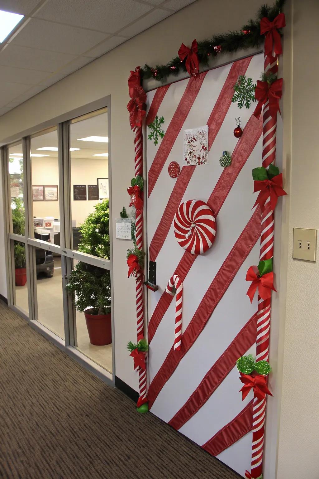 Enter Candy Cane Lane with this charming door design.