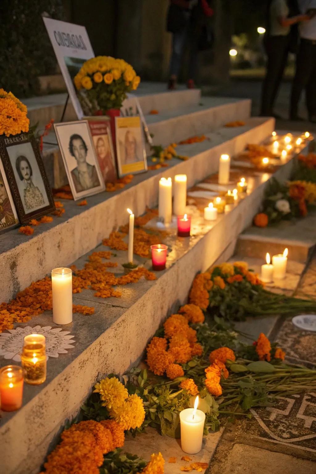 Lights on the ofrenda symbolize light and guidance for the spirits.